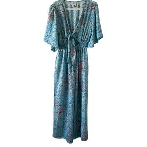 Zury Silk Blend Wide Leg Jumpsuit Blue Paisley Tie Front Smocked Waist OS India